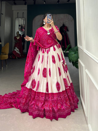 Pink Artistry in Silk Tussar Lehenga Choli with Bandhej Print & Gotta Patti Accents