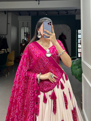 Pink Artistry in Silk Tussar Lehenga Choli with Bandhej Print & Gotta Patti Accents