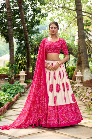 Pink Artistry in Silk Tussar Lehenga Choli with Bandhej Print & Gotta Patti Accents ClothsVilla