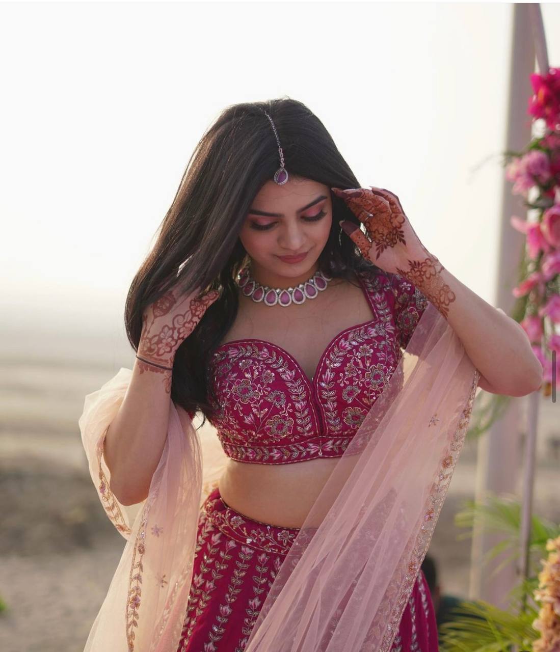 Pink Slub Silk Lehenga Set with Sequins & Dori Work Secondary image