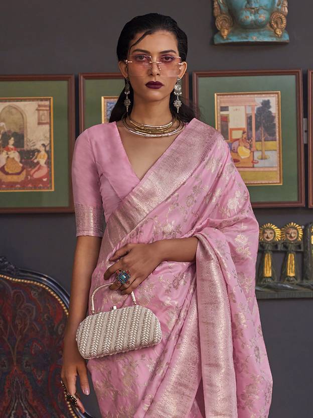 Pink Banarasi Silk Blend Saree with Bidri Work & Zari Buta – Gold Accents & Tassel Detailing ClothsVilla