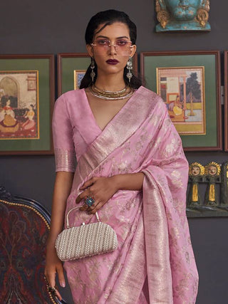 Pink Banarasi Silk Blend Saree with Bidri Work & Zari Buta – Gold Accents & Tassel Detailing ClothsVilla