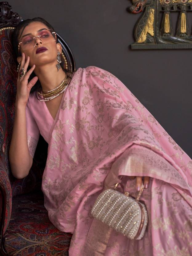 Pink Banarasi Silk Blend Saree with Bidri Work & Zari Buta – Gold Accents & Tassel Detailing ClothsVilla