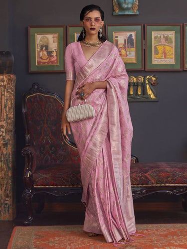 Pink Banarasi Silk Blend Saree with Bidri Work & Zari Buta – Gold Accents & Tassel Detailing ClothsVilla
