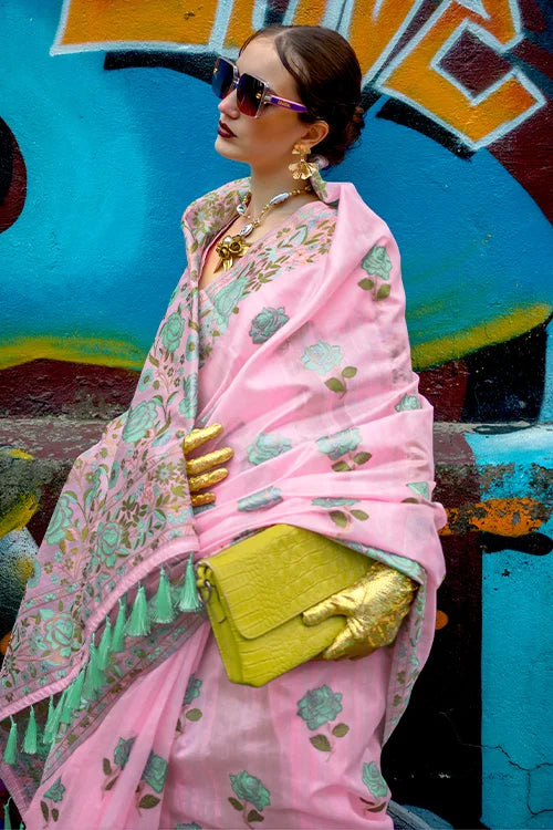 Pink Banarasi Silk Saree with Zari Kashmiri Weaving  & Unstitched Blouse ClothsVilla