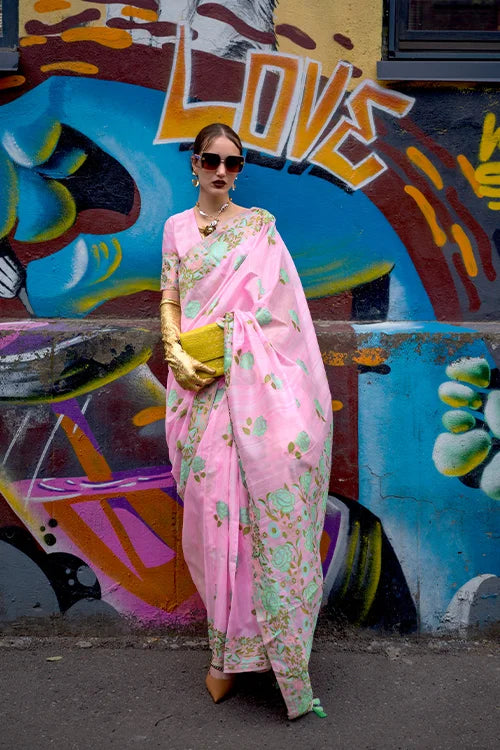 Pink Banarasi Silk Saree with Zari Kashmiri Weaving  & Unstitched Blouse ClothsVilla Main image