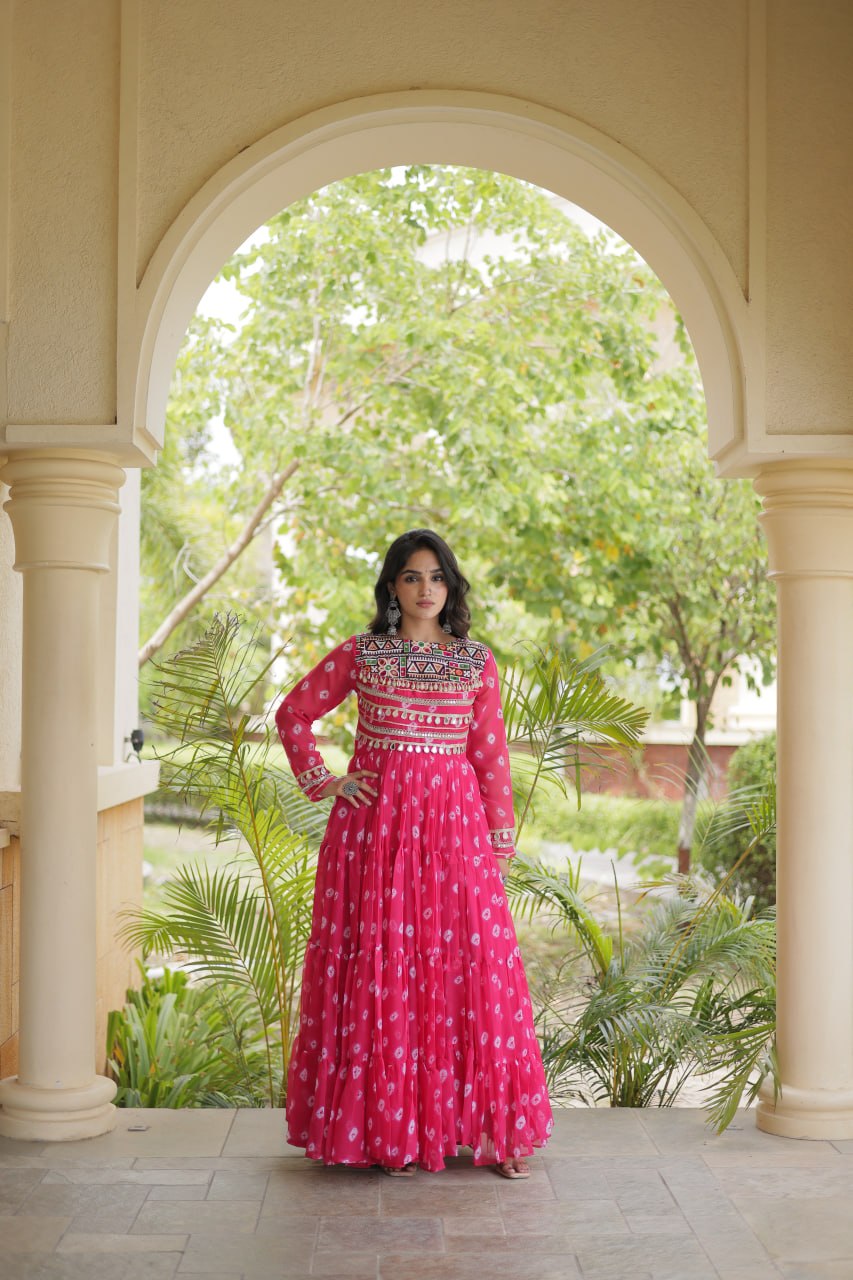 Pink Bandhani Gown with Kutchi Patchwork ClothsVilla