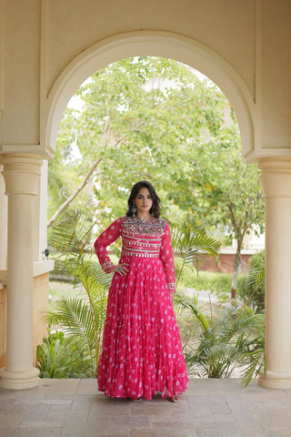 Pink Bandhani Gown with Kutchi Patchwork ClothsVilla
