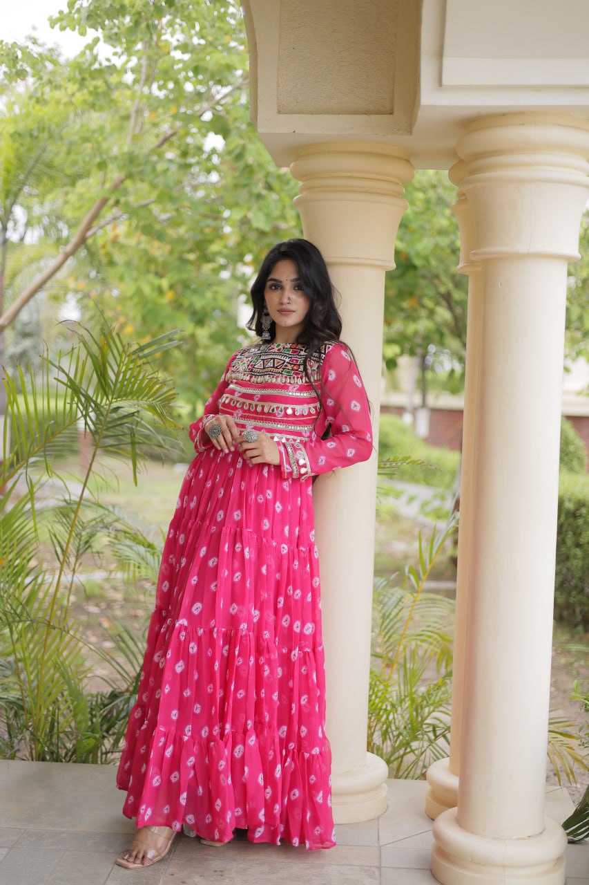 Pink Bandhani Gown with Kutchi Patchwork ClothsVilla