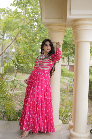 Pink Bandhani Gown with Kutchi Patchwork ClothsVilla