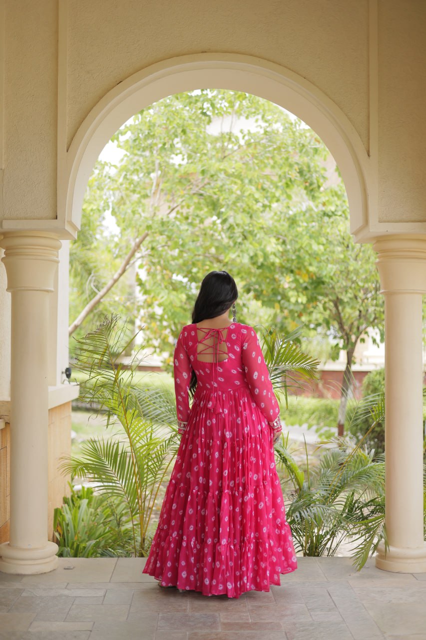Pink Bandhani Gown with Kutchi Patchwork ClothsVilla