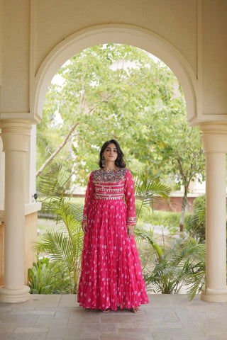 Pink Bandhani Gown with Kutchi Patchwork ClothsVilla