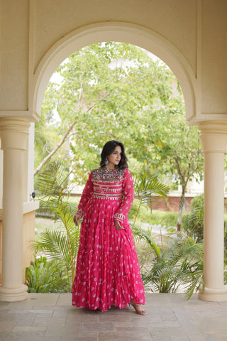 Pink Bandhani Gown with Kutchi Patchwork ClothsVilla