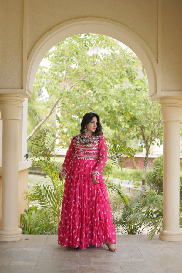 Pink Bandhani Gown with Kutchi Patchwork ClothsVilla