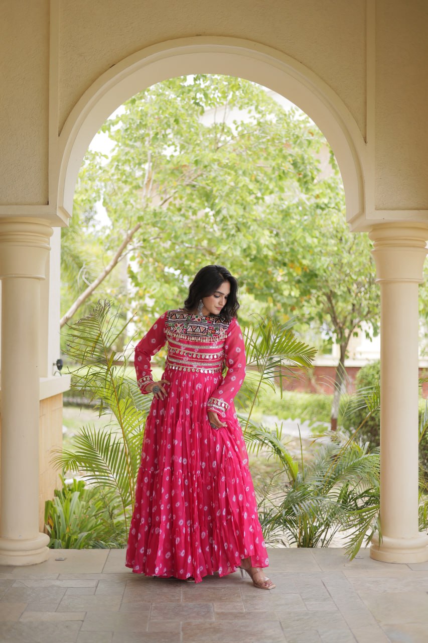Pink Bandhani Gown with Kutchi Patchwork ClothsVilla