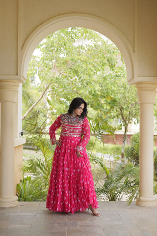 Pink Bandhani Gown with Kutchi Patchwork ClothsVilla