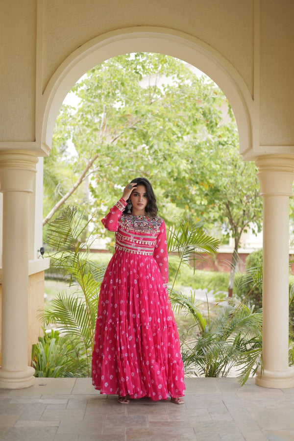Pink Bandhani Gown with Kutchi Patchwork ClothsVilla