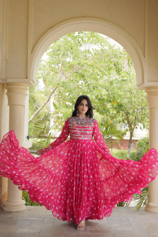 Pink Bandhani Gown with Kutchi Patchwork ClothsVilla