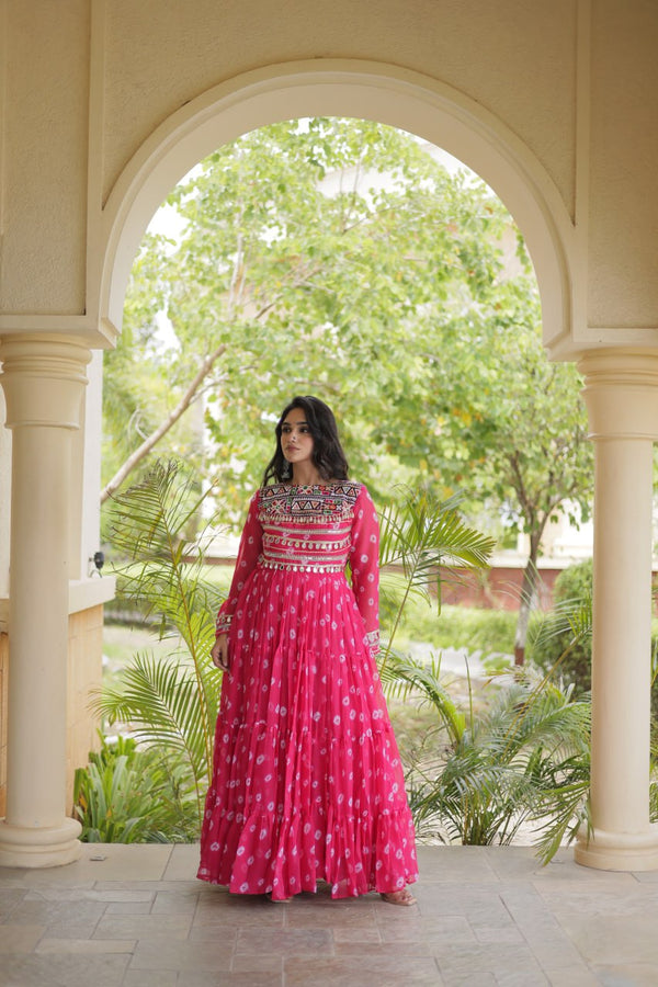 Pink Bandhani Gown with Kutchi Patchwork ClothsVilla
