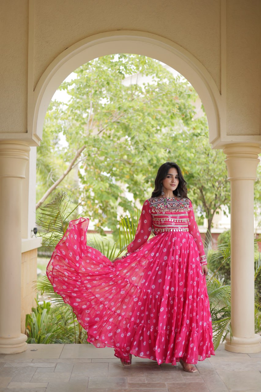 Pink Bandhani Gown with Kutchi Patchwork ClothsVilla