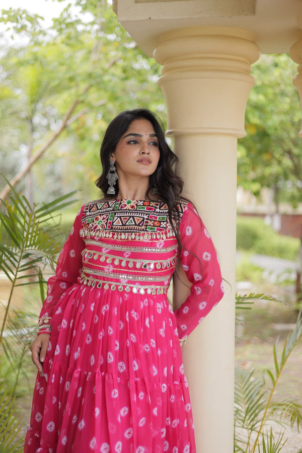 Pink Bandhani Gown with Kutchi Patchwork ClothsVilla