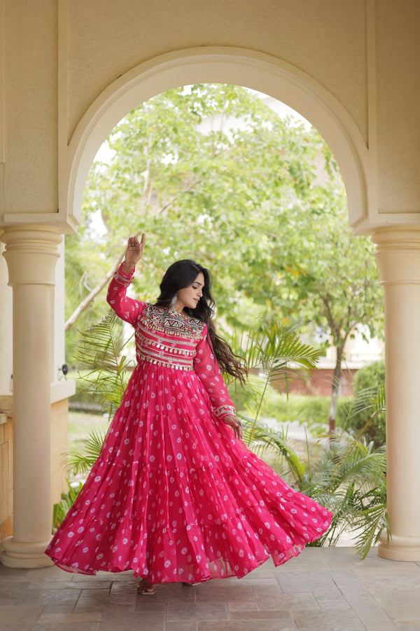 Pink Bandhani Gown with Kutchi Patchwork ClothsVilla