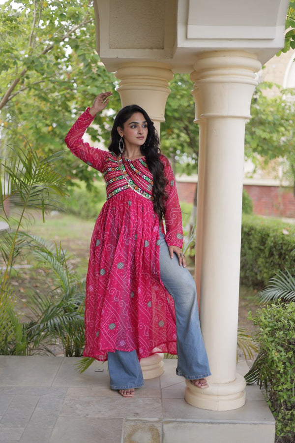 Pink Bandhani Kurti with Kutchi Patchwork ClothsVilla