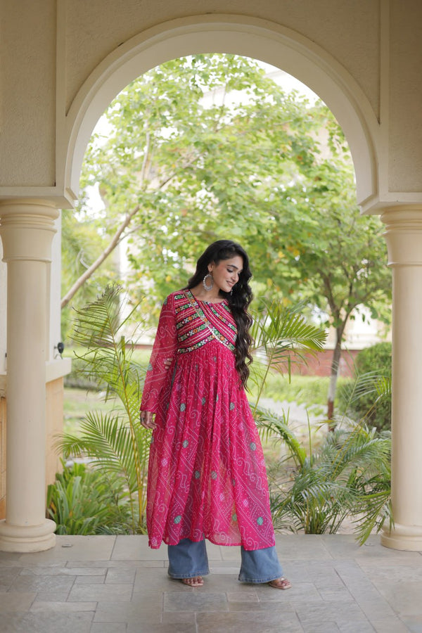 Pink Bandhani Kurti with Kutchi Patchwork ClothsVilla