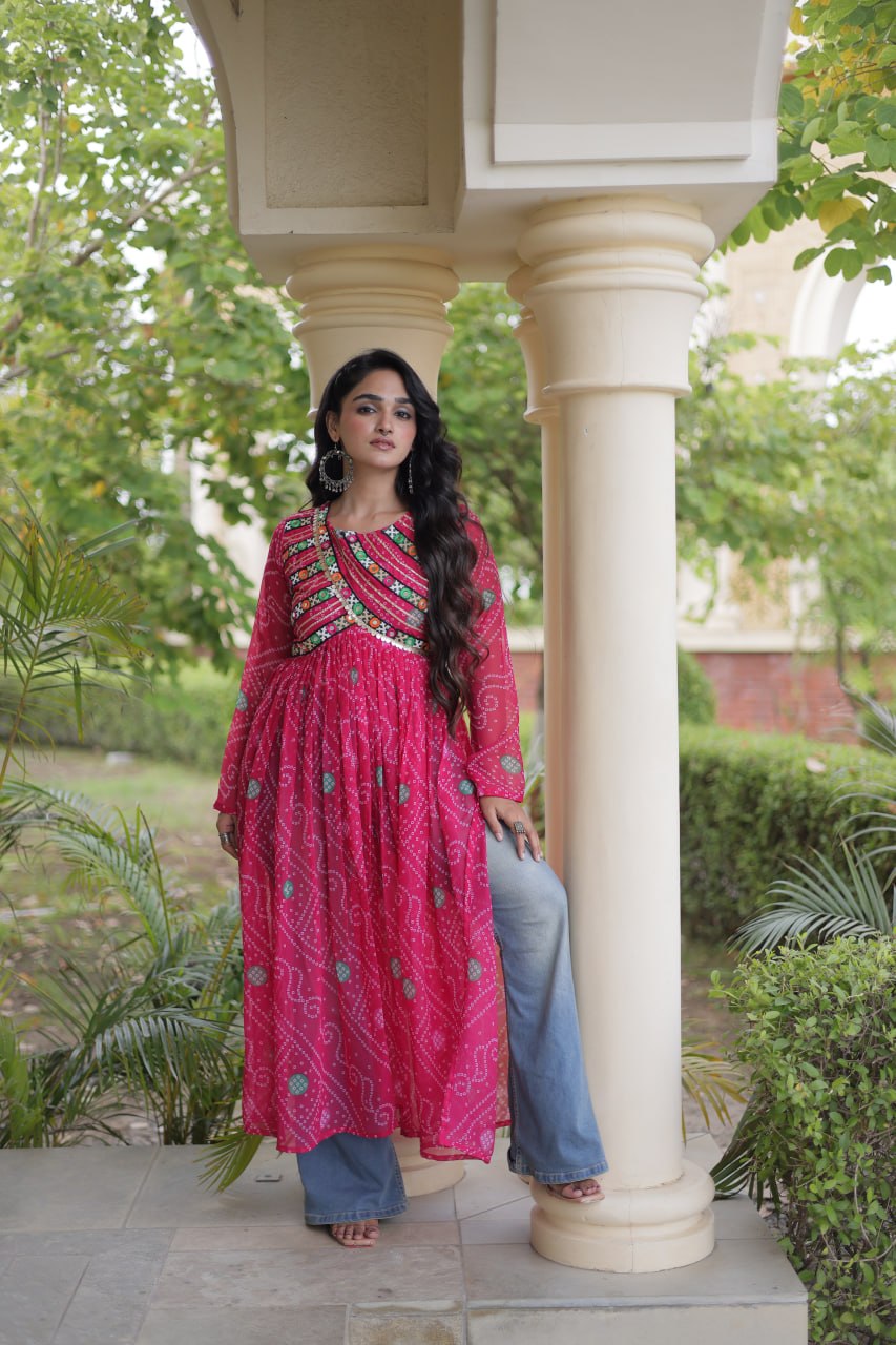 Pink Bandhani Kurti with Kutchi Patchwork ClothsVilla