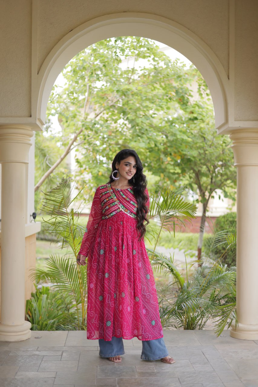 Pink Bandhani Kurti with Kutchi Patchwork ClothsVilla