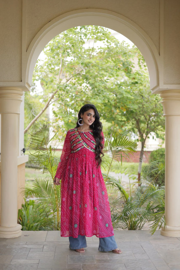Pink Bandhani Kurti with Kutchi Patchwork ClothsVilla