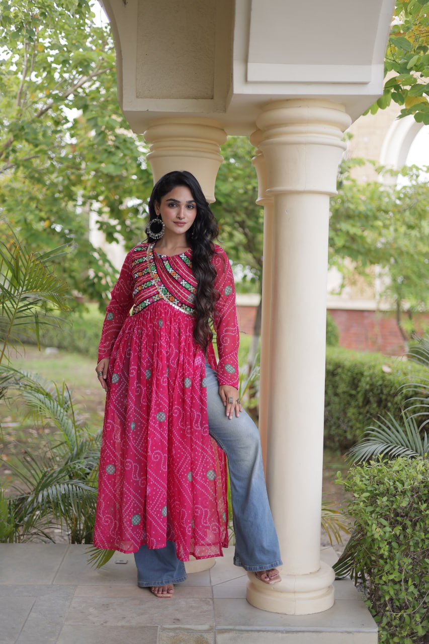 Pink Bandhani Kurti with Kutchi Patchwork ClothsVilla