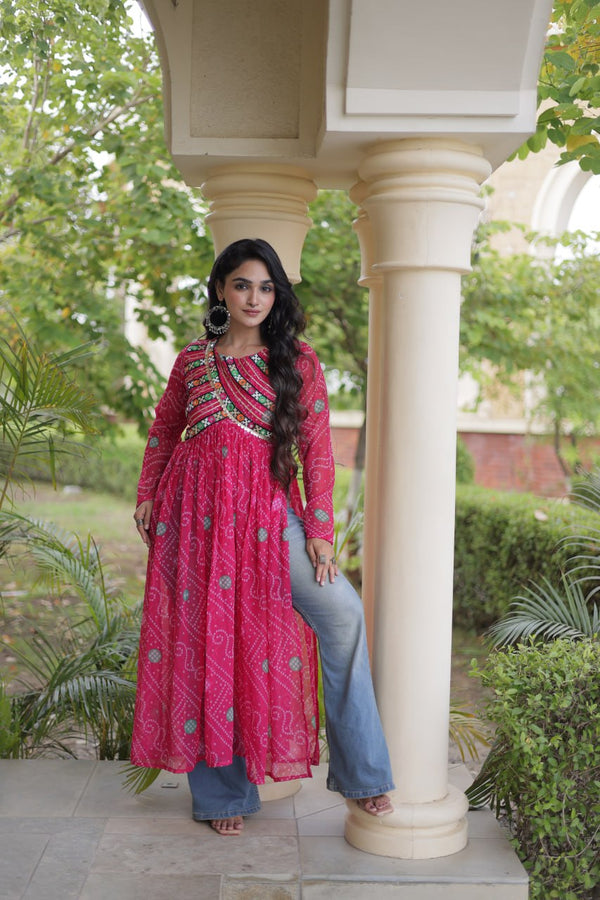 Pink Bandhani Kurti with Kutchi Patchwork ClothsVilla
