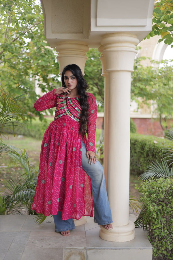 Pink Bandhani Kurti with Kutchi Patchwork ClothsVilla
