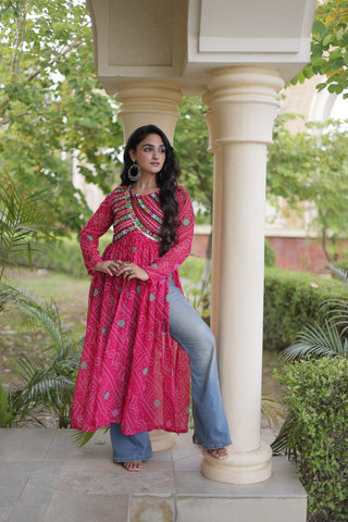 Pink Bandhani Kurti with Kutchi Patchwork ClothsVilla