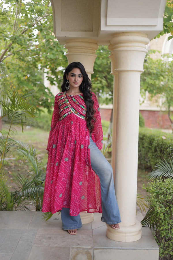 Pink Bandhani Kurti with Kutchi Patchwork ClothsVilla