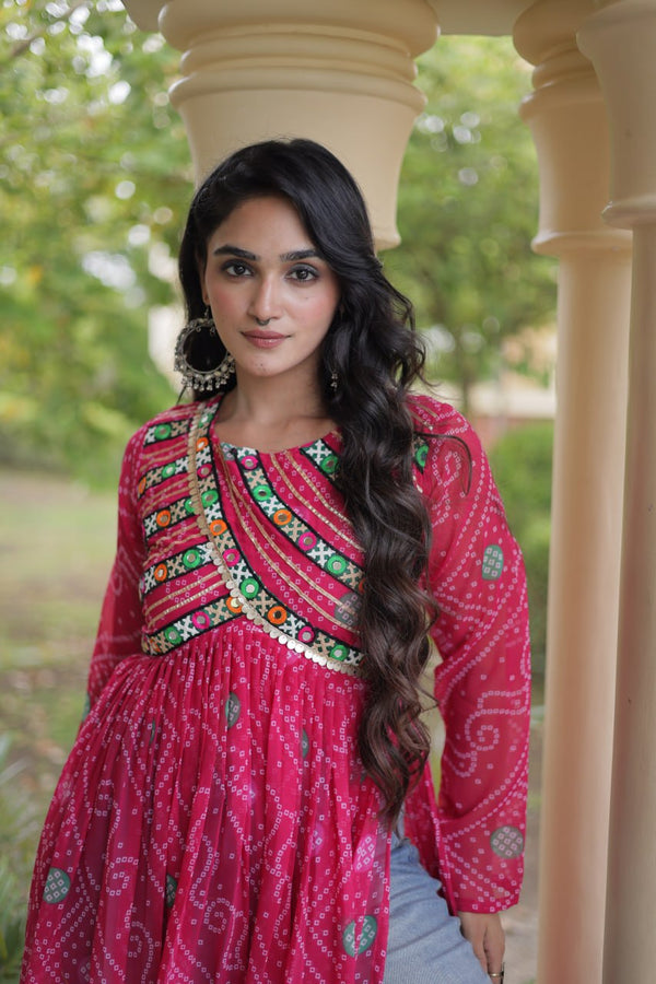 Pink Bandhani Kurti with Kutchi Patchwork ClothsVilla