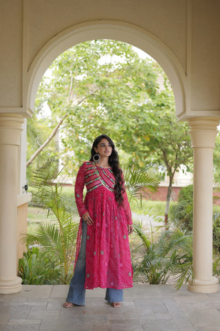 Pink Bandhani Kurti with Kutchi Patchwork ClothsVilla