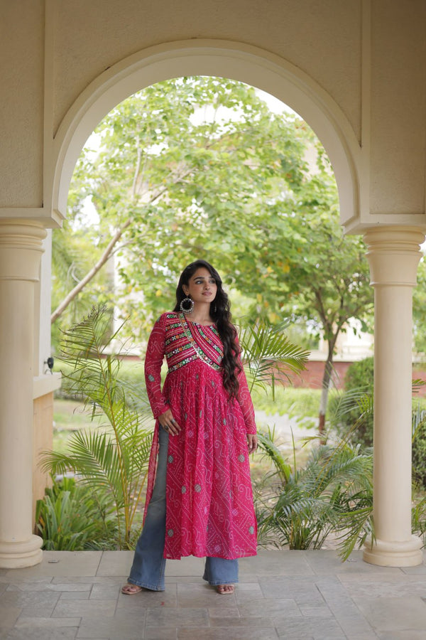 Pink Bandhani Kurti with Kutchi Patchwork ClothsVilla
