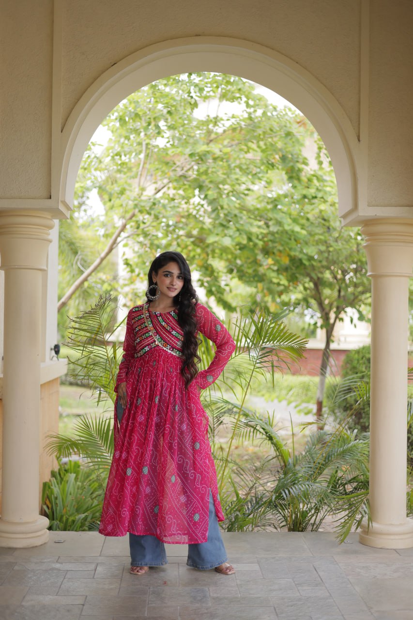 Pink Bandhani Kurti with Kutchi Patchwork ClothsVilla