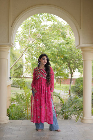 Pink Bandhani Kurti with Kutchi Patchwork ClothsVilla