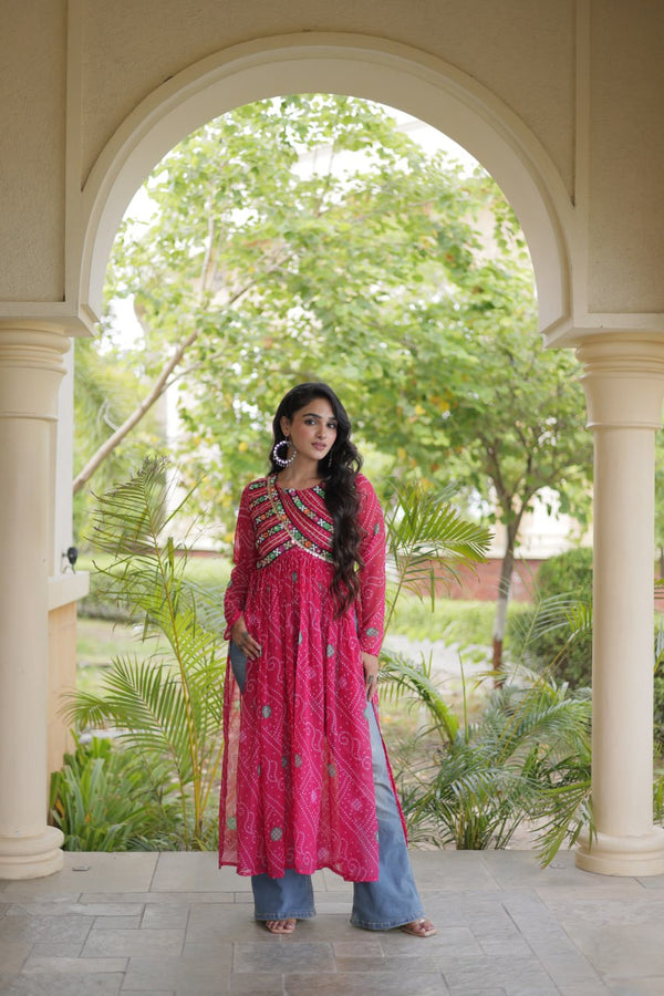 Pink Bandhani Kurti with Kutchi Patchwork ClothsVilla