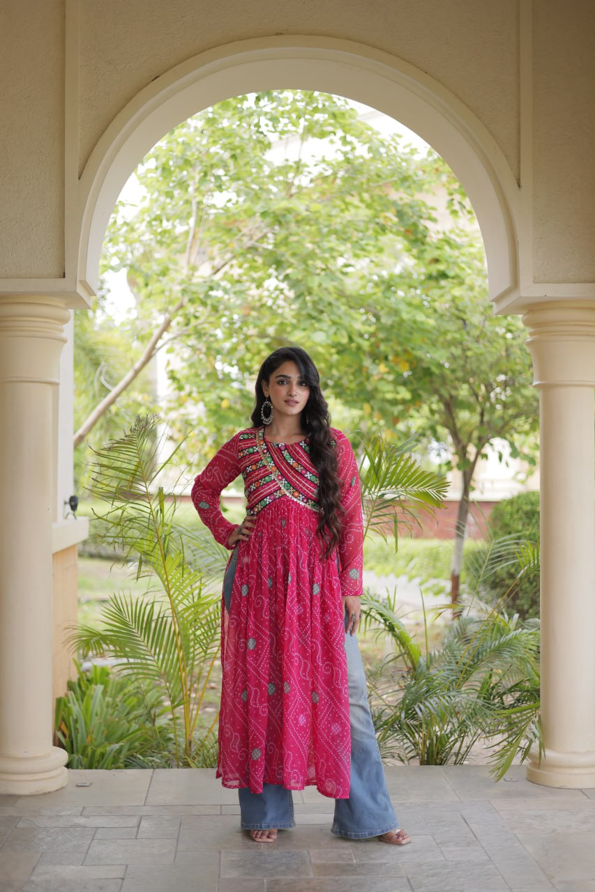 Pink Bandhani Kurti with Kutchi Patchwork ClothsVilla