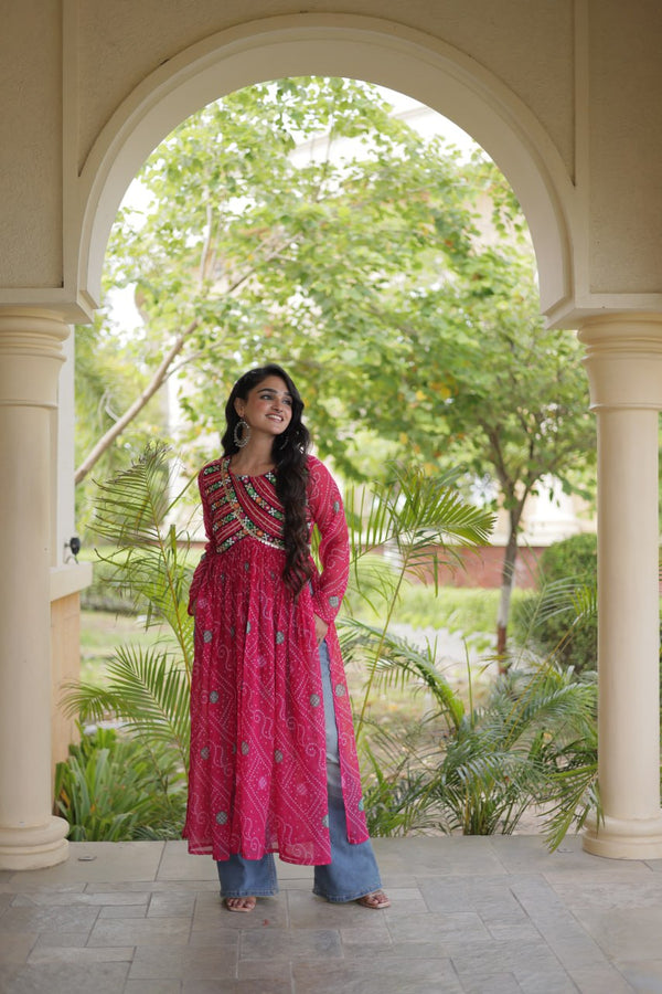 Pink Bandhani Kurti with Kutchi Patchwork ClothsVilla