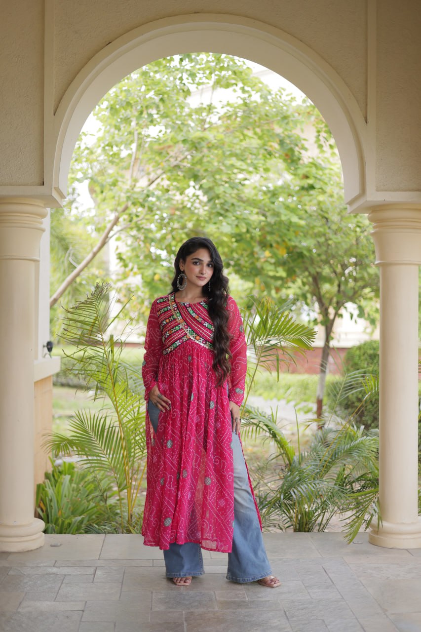 Pink Bandhani Kurti with Kutchi Patchwork ClothsVilla