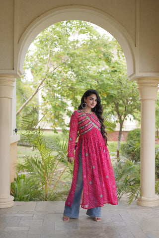 Pink Bandhani Kurti with Kutchi Patchwork ClothsVilla