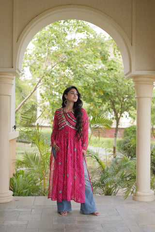 Pink Bandhani Kurti with Kutchi Patchwork ClothsVilla