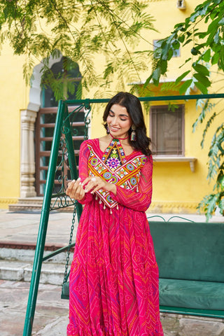 Pink Bandhani Print Faux Georgette Gown with Kutchi Patchwork – Full Sleeves, 9 Meter Flair, Cotton Lining ClothsVilla