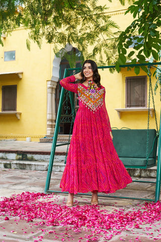 Pink Bandhani Print Faux Georgette Gown with Kutchi Patchwork – Full Sleeves, 9 Meter Flair, Cotton Lining ClothsVilla