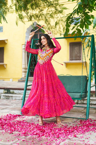 Pink Bandhani Print Faux Georgette Gown with Kutchi Patchwork – Full Sleeves, 9 Meter Flair, Cotton Lining ClothsVilla